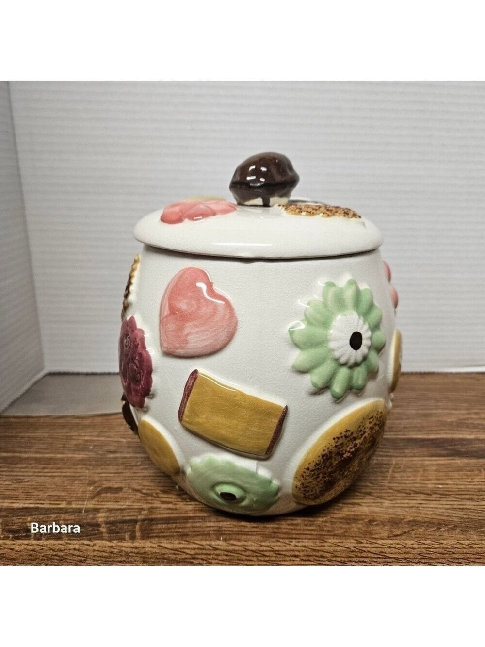 Vintage 50s Napco "Cookies All Over" Ceramic Cookie Jar with Walnut Handle